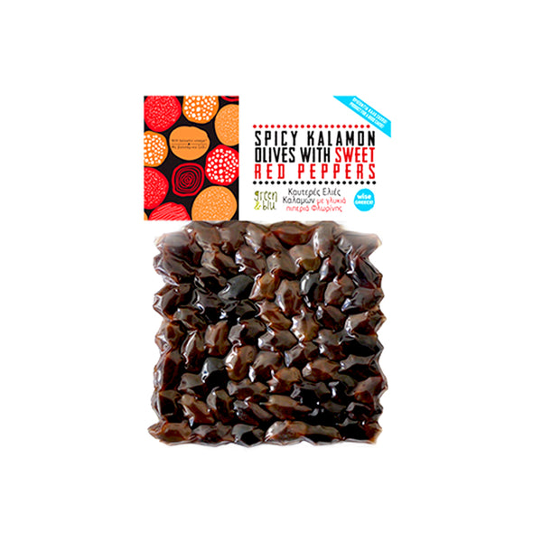 SPICY KALAMON OLIVES WITH SWEET RED PEPPERS